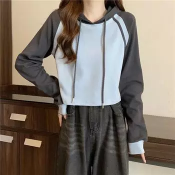 Весна Осень Хлопок Длинные рукава с капюшоном Футболки Женские многоцветные Повседневные укороченные топы Y2k Женские свободные футболки Harajuku Уличная одежда M
