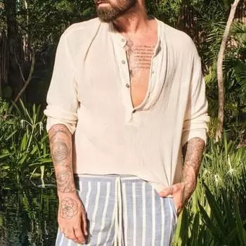 Весна Осень Хлопок и Конопля Мужская Свободная Повседневная Рубашка Стойка Воротник Длинный Рукав Удобная Рубашка Футболки Мужские XS абрикосовый