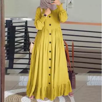 Весна Осень Хлопок Конопля Арт Ретро Досуг Свободный Большой Круглый Вырез Оборки Платье S жёлтый