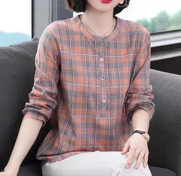 Весна Осень Хлопок Конопля Клетчатая женская рубашка Женщины среднего возраста Матери в стиле вестерн с длинными рукавами Чистый Хлопок Топ Весь Хлопок M