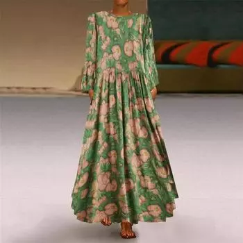 Весна Осень Хлопок Льняной Выкройка Макси Платья Праздник Путешествия Винтаж Круглый Вырез Длинный Рукав Платье Женщины L