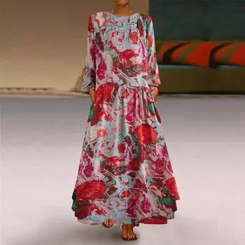 Весна Осень Хлопок Льняной Выкройка Макси Платья Праздник Путешествия Винтаж Круглый Вырез Длинный Рукав Платье Женщины L