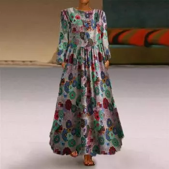 Весна Осень Хлопок Льняной Выкройка Макси Платья Праздник Путешествия Винтаж Круглый Вырез Длинный Рукав Платье Женщины L зелёный