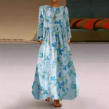 Весна Осень Хлопок Льняной Выкройка Макси Платья Праздник Путешествия Винтаж Круглый Вырез Длинный Рукав Платье Женщины L синий