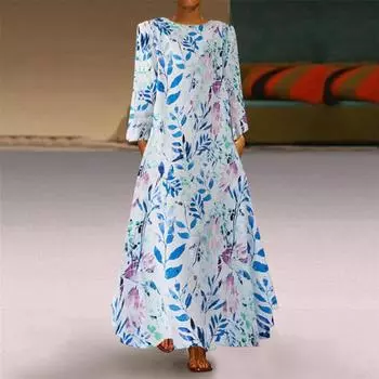 Весна Осень Хлопок Льняной Выкройка Макси Платья Праздник Путешествия Винтаж Круглый Вырез Длинный Рукав Платье Женщины L синий
