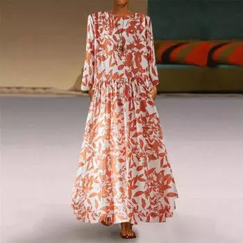 Весна Осень Хлопок Льняной Выкройка Макси Платья Праздник Путешествия Винтаж Круглый Вырез Длинный Рукав Платье Женщины L синий