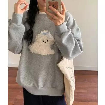 Весна Осень хлопок мультфильм вышивка Толстовка Харадзюку Женские свободные повседневные тонкие толстовки с длинным рукавом Толстовки женские топы M