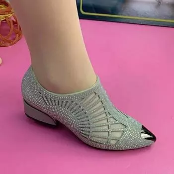 Весна Осень Hollow Water Diamond Pointed Toe Shallow Mouth Slip-on Low Healing Женские Ботинки Женские Мягкие Сетчатые Сандалии 41 чёрный