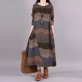 Весна Осень Художественные Свободные Лоскутные Полосатые Хлопок Льняные Длинные Платья Повседневные Круглый Вырез Длинные Рукава Платье Для Женщин M кофейный