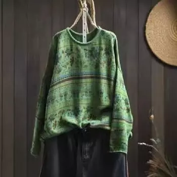 Весна Осень и Зима Напечатанный свитер-пуловер Женская круглая горловина Свободная повседневная блузка с длинными рукавами Литературный свитер One size