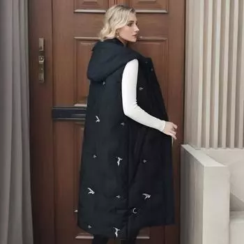 Весна, осень и зима, новая верхняя одежда средней и длинной длины, жилет с капюшоном, женский вышитый теплый жилет L чёрный