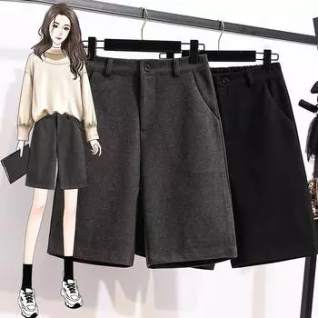 Весна, осень и зима. Шерстяные брюки с высокой талией и застежкой-пятью. Женские свободные прямые шерстяные шорты большого размера. Верхняя одежда. Широкие брюки. Сапоги. Брюки. 5XL серый