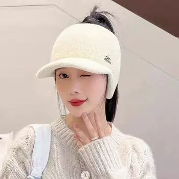 Весна Осень и Зима Теплая Защита Ушей Вязаная Шапка Женская Корейская Версия Зимней Пустой Верхней Бейсболки 55cm-58cm хаки