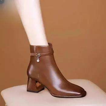 Весна, осень и зима. Толстые каблуки с квадратным носком. Короткие сапоги в стиле «мама». Повседневные бархатные женские сапоги на высоком каблуке. 35