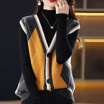 Весна, осень и зима Женская мода Простая вставка с V-образным вырезом Контрастный клетчатый принт Этнический стиль Куртка для верховой езды Трикотажный жилет на бретелях XS зелёный