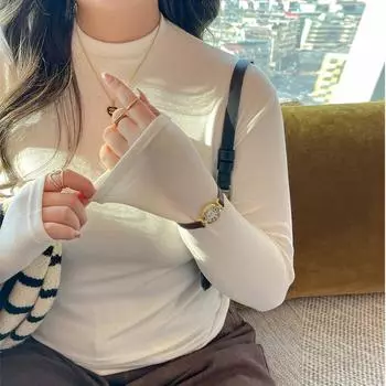 Весна, осень и зима. Женская рубашка из модала с воротником-стойкой. Футболка с воротником среднего размера и рукавами большого размера. Можно носить на улице. S