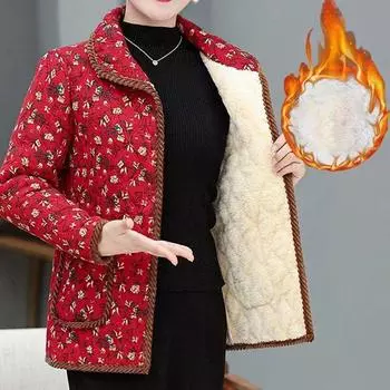 Весна Осень и Зима Женская Туника Большого Размера С Подкладкой Тонкая Теплая Короткая Куртка-Флип Воротник Свободная Удобная Туника С Цветочным Рисунком 2XL