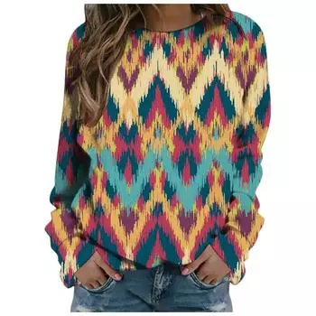 Весна Осень Элегантные Дамы Женские Бохо Свободные Повседневные Модные Линии Текстуры Напечатанные Футболки Длинный Рукав Топ S