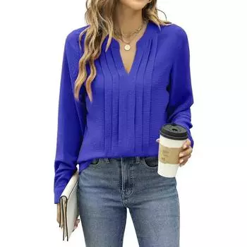 Весна Осень Элегантные Рубашки Женские Длинные Рукава Однотонные Цвета V-образный Вырез Плиссированные Блузки Топы S розовый