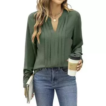Весна Осень Элегантные Рубашки Женские Длинные Рукава Однотонные Цвета V-образный Вырез Плиссированные Блузки Топы S белый