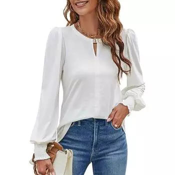 Весна Осень Элегантные Рубашки Женские Лепестки Длинные Рукава Однотонные Металлические Пуговицы V Образный Вырез Офисная Блузка Женские Топы S белый