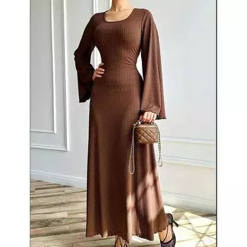 Весна Осень Элегантные Женщины Ближний Восток Длинные Платья Длинные Рукава Мусульманское Макси Платье Трикотажные Абаи Вечерние Платья S