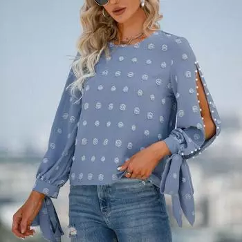 Весна Осень Элегантные Женщины Топы с длинным рукавом и О-образным вырезом Шерстяной шар Жаккардовая блузка Модная Вышитая Расклешенная Рубашка Одежда 25726 S светло-синий