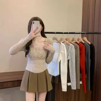 Весна Осень Элегантный Вязаный Пуловер Женская Мода Квадратный Вырез Внутренний Слой Тонкие Топы Повседневный Трикотаж Свитер Основа Рубашка Топы S хаки