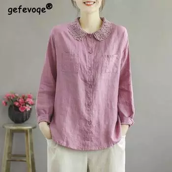 Весна Осень Этнический Винтаж Стиль Кружевной Воротник Поло Хлопковая Блузка Женская Длинный Рукав Универсальный Топ На Пуговицах Женская Свободная Повседневная Рубашка L