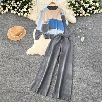 Весна Осень Картина маслом Принт Вязаный свитер Брюки Комплект из двух предметов Женский свитер Топы и широкие брюки Спортивный костюм One Size чёрный