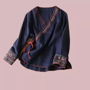 Весна-Осень, китайская хлопковая конопляная вышивка, женская летняя свободная удобная китайская рубашка Hanfu, одежда S синий