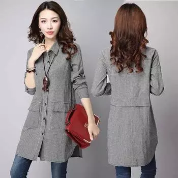 Весна Осень Клетчатая Повседневная Рубашка Женская Мода Длинный Рукав Средней Длины Однобортная Блузка Пальто Свободный Женский Топ XXXXXL