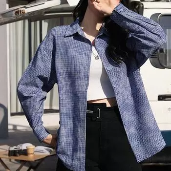 Весна Осень Клетчатая Рубашка Женская Печатная Модная Тенденция Свободный Топ Tie Dye Ретро Блузки Средней Длины M