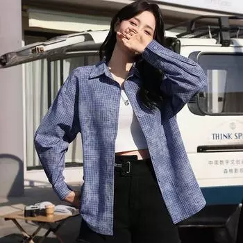 Весна Осень Клетчатая Рубашка Женская Печатная Модная Тенденция Свободный Топ Tie Dye Ретро Блузки Средней Длины M