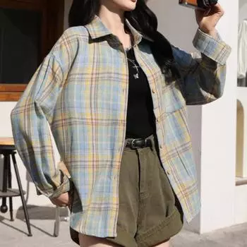 Весна Осень Клетчатая Рубашка Женская Ретро High Street Свободная Мода Трендовый Топ Дизайн Средней Длины Блузка Топ M