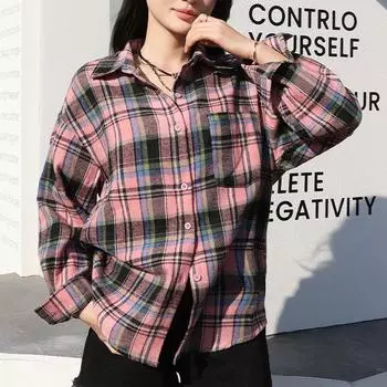 Весна Осень Клетчатая Рубашка Женская Ретро High Street Свободная Мода Трендовый Топ Дизайн Средней Длины Блузка Топ M
