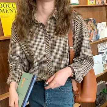 Весна Осень Клетчатые Рубашки Женские Ретро Отложной Воротник Блузки Пуговицы Элегантные Длинные Рукава Верхняя Одежда Femme XXXL кофейный