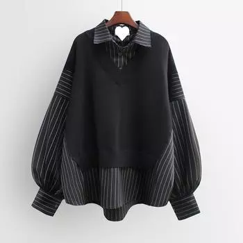 Весна Осень Комбинация Поддельные Двухсекционные Женские Рубашки Корейская Свободная Модная Рубашка XL белый