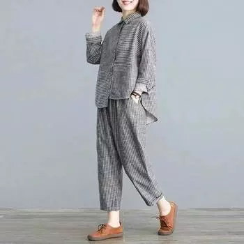 Весна Осень Комплекты Женщины Ретро Литература Большой Размер Тонкий Кардиган Повседневный Свободные Брюки Полоски Мода XXL чёрный