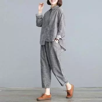 Весна Осень Комплекты Женские Ретро Литература Большой Размер Тонкий Кардиган Повседневные Свободные Брюки Костюм-двойка Полоски Модные Костюмы XXXL чёрный