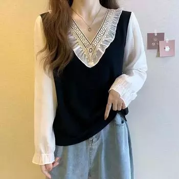 Весна-Осень контрастного цвета в стиле пэчворк, модная блузка с v-образным вырезом, женские уличные элегантные пуловеры с длинными рукавами и съедобным деревом-грибком L чёрный