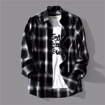 Весна Осень Корейский Стиль Мужские Рубашки С Длинными Рукавами Мягкая Удобная Клетчатая Рубашка Повседневная Облегающая Уличная Мужская S чёрный