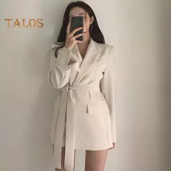 Весна Осень Костюм Пальто Длинный Рукав Шнуровка Ремень Талия Костюм Пиджак Однотонный Карманы Клапаны Средняя Длина Деловая Верхняя Одежда L розовый