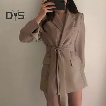 Весна Осень Костюм Пальто Длинный Рукав Шнуровка Ремень Талия Костюм Пиджак Однотонный Цвет Карманы Клапаны Средняя Длина Деловая Верхняя Одежда L розовый