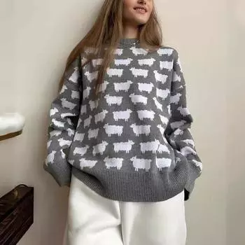 Весна Осень Круглый вырез альпака печати свитер новый женский свободный повседневный круглый вырез свитер с капюшоном S чёрный