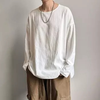 Весна Осень Круглый вырез Свободная футболка Мужская Хлопок Лен Повседневная мужская футболка Удобные дышащие хип-хоп футболки Топы 2XL чёрный