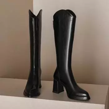 Весна/осень квадратный носок современные сапоги до колена квадратный каблук 2024 горячая распродажа женская обувь пошив однотонные лаконичные женские сапоги 35 чёрный