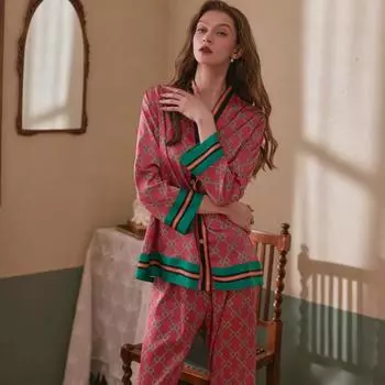 Весна Осень Ледяной Шелковый Печатный Модный Пижамный Комплект С Длинными Рукавами Для Женщин S