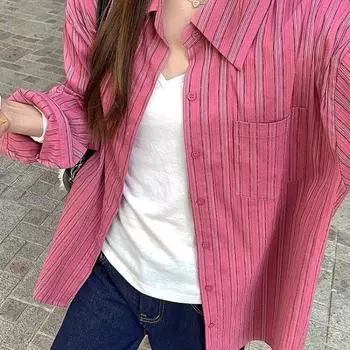 Весна-Осень Ленивая Полосатая Рубашка с Длинным Рукавом для Женщин Одежда Молодого Мяса Покрытие Свободная Повседневная Солнцезащитная Рубашка Куртка M