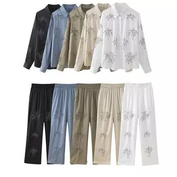 Весна Осень Лето Товар Женский Стиль Отложной Воротник Вышитая Бисером Рубашка Высокая Талия Прямые Брюки Комплект L белый